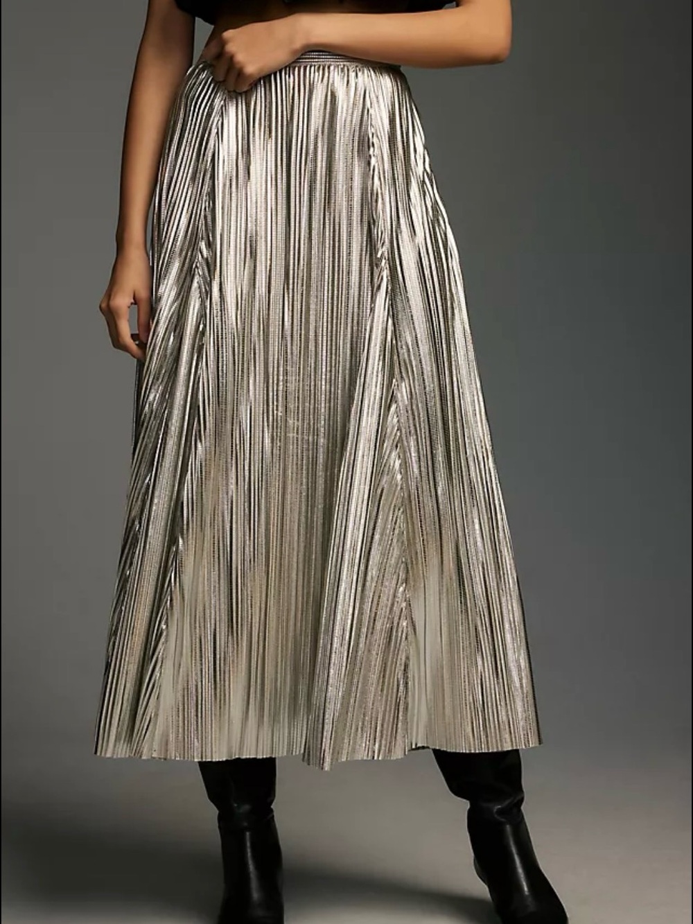 Anthropologie Silver Metallic Pleated Midi Skirt M Shimmer A-Line Party Holiday